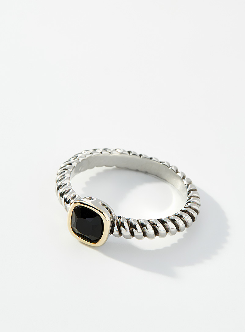 Simons Silver Black stone grooved ring for women