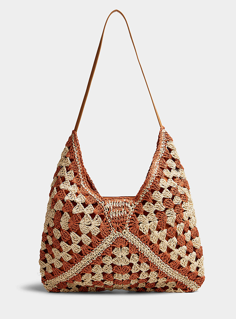Simons Patterned Orange Knotted straw tote for women