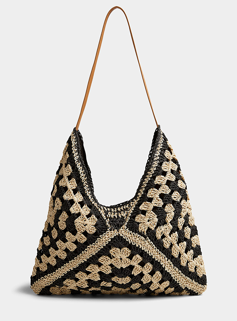 Simons Patterned Black Knotted straw tote for women