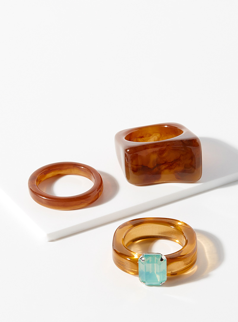 Simons Brown Translucent crystal resin rings Set of 3 for women