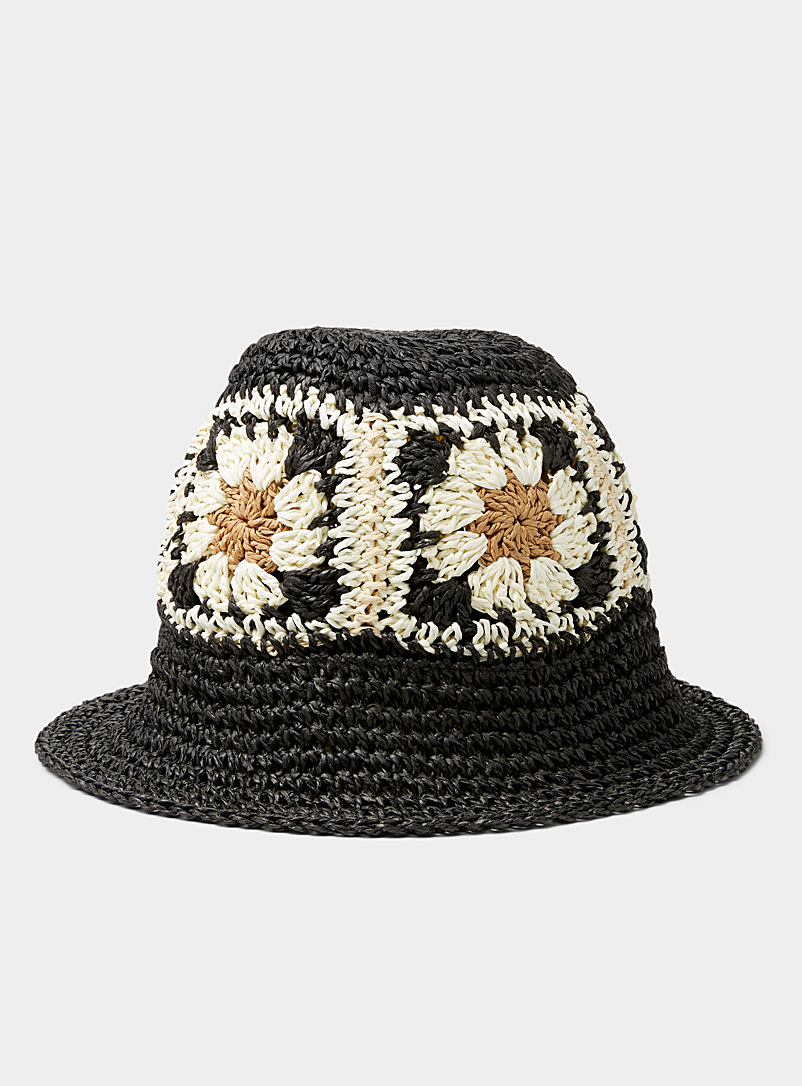 Simons Black Crochet straw cloche for women