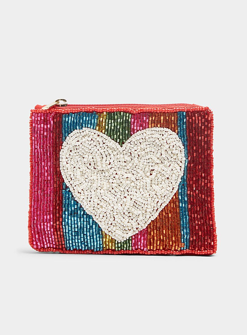 Simons Patterned Red Heart and colourful stripe mini pouch for women