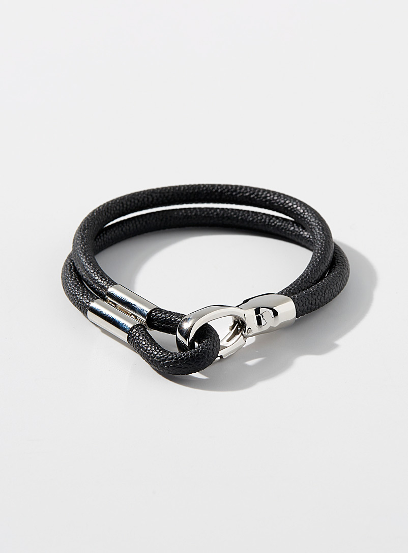 Le 31 Black Pebbled leather crochet bracelet for men