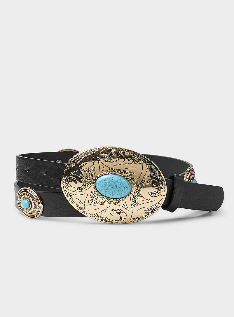 Medallion And Turquoise-Stone Faux-Leather Belt