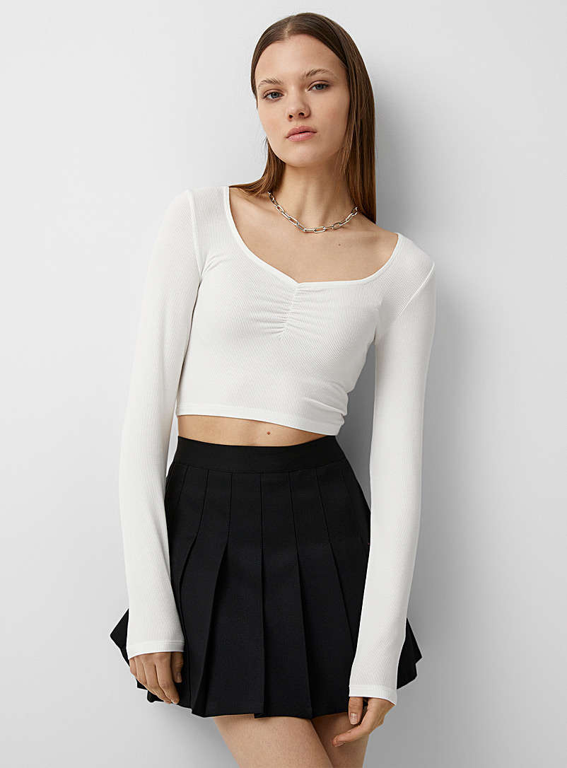Twik White Shirring detail square collar T-shirt for women