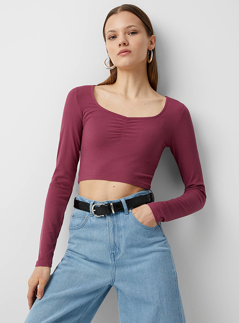 Twik Medium Pink Shirring detail square collar T-shirt for women