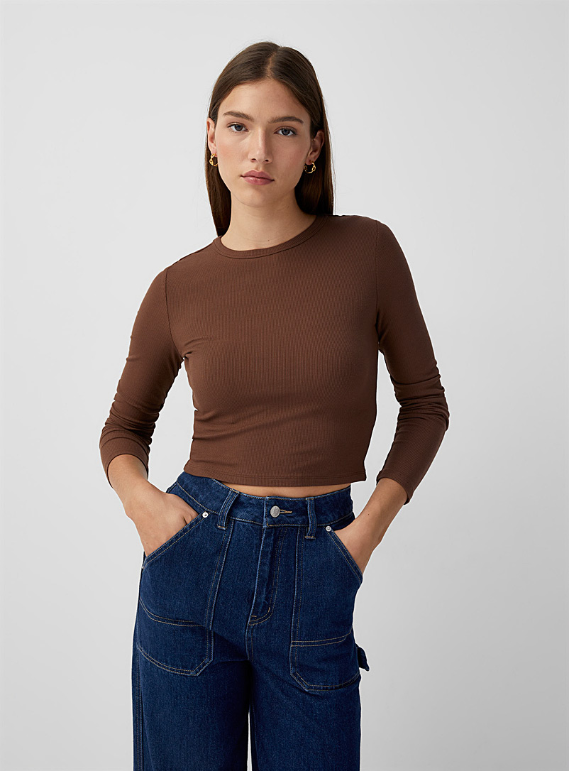 Twik Dark Brown Finely ribbed cropped tee for women