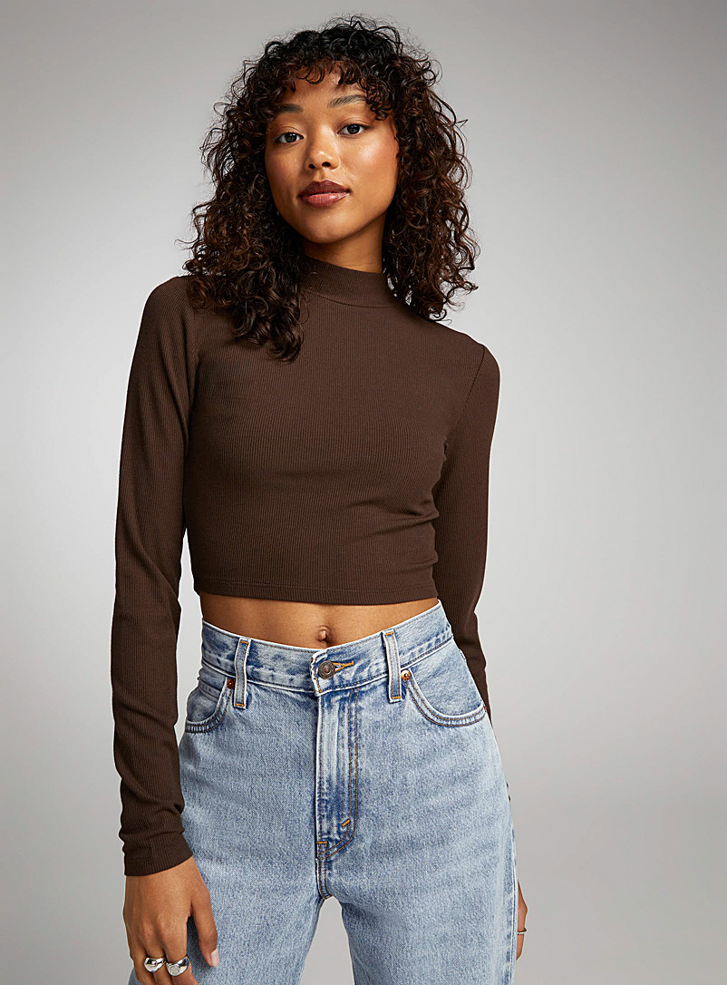 Twik Brown Ribbed mock-neck cropped T-shirt for women