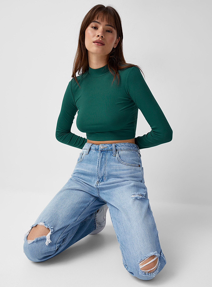 Twik Mossy Green Ribbed mock-neck cropped T-shirt for women