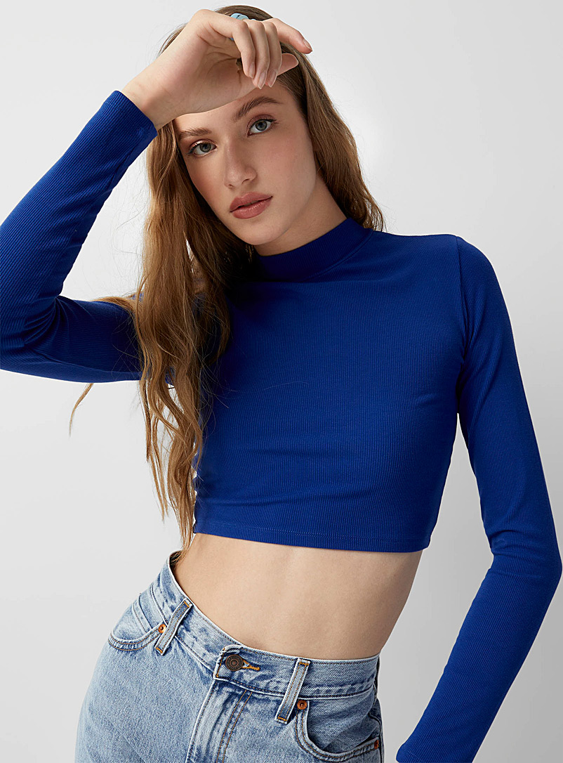 Twik Sapphire Blue Ribbed mock-neck cropped T-shirt for women