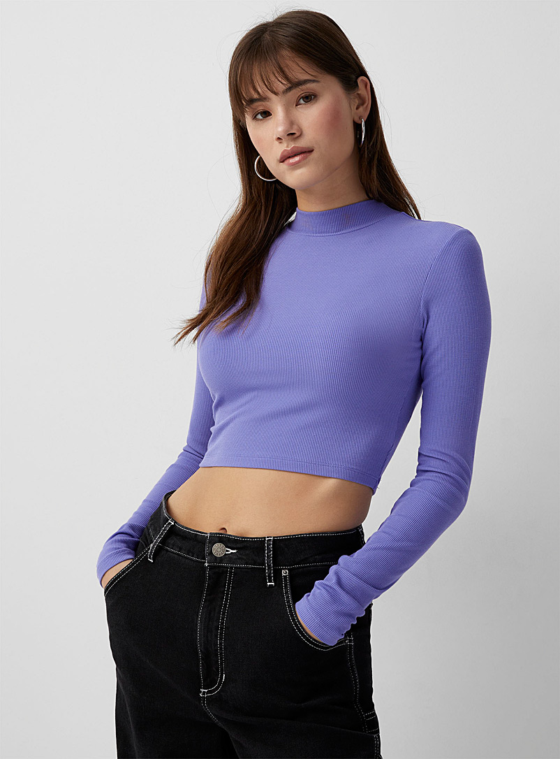 Twik Teal Ribbed mock-neck cropped T-shirt for women