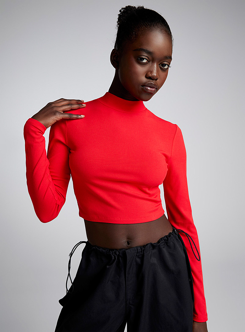 Twik Red Ribbed mock-neck cropped T-shirt for women