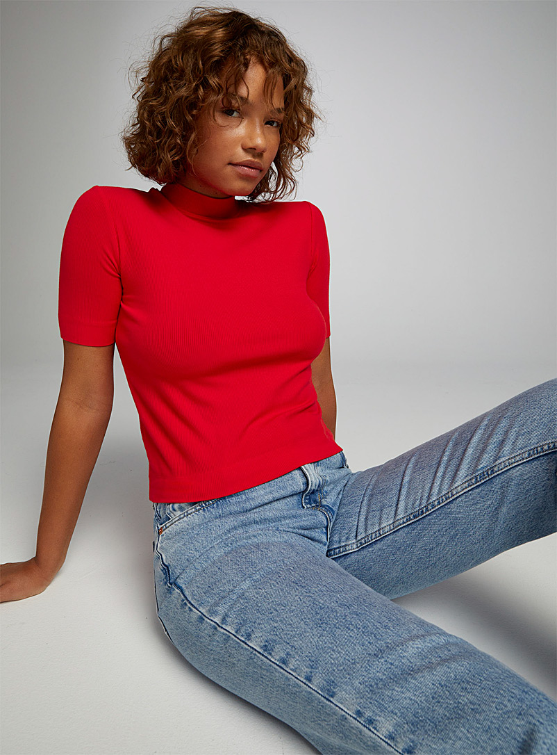 Twik Red Ribbed mock-neck T-shirt for women