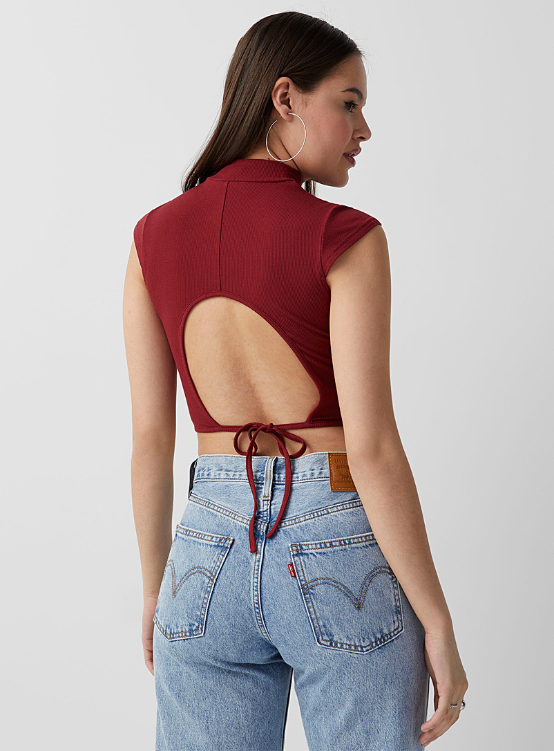 Twik Ruby Red Open-back mock-neck T-shirt for women