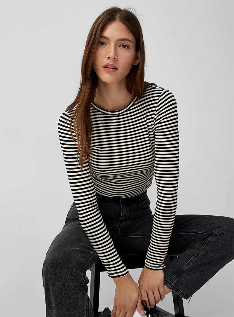 Twik Black and White Striped ribbed T-shirt for women