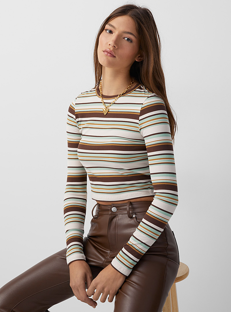 Twik Patterned Brown Striped ribbed T-shirt for women