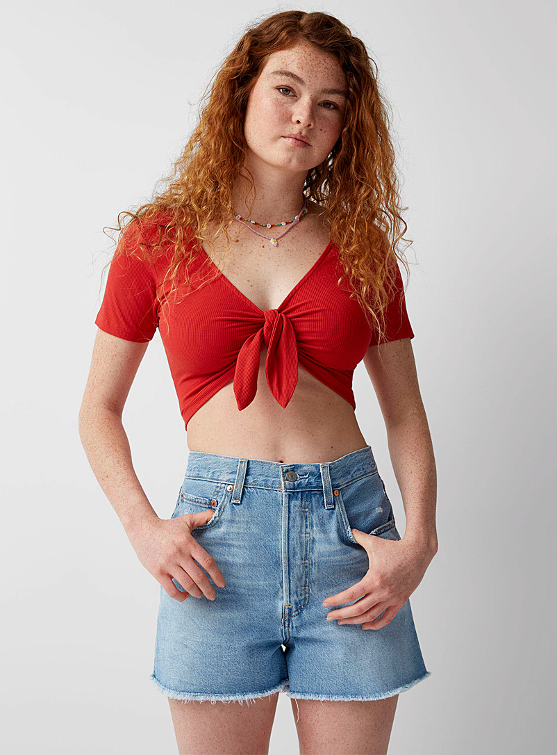 Twik Red Accent bow cropped T-shirt for women