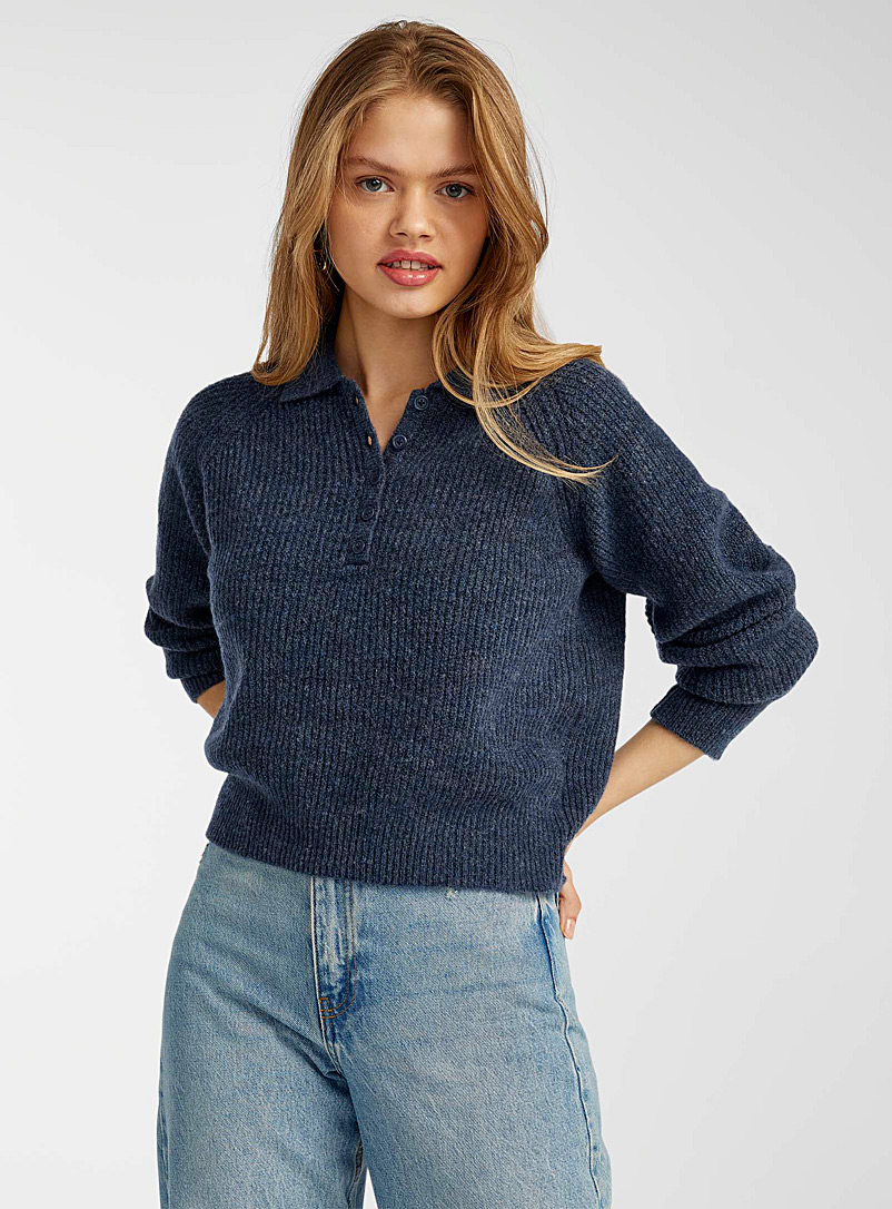 Noisy May Blue Ribbed cropped polo sweater for women
