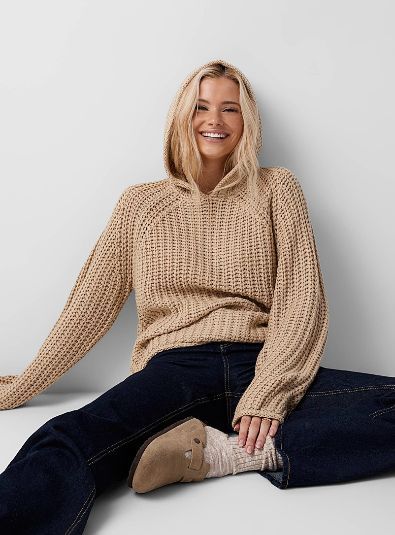 Twik Ivory White Rib-knit hooded sweater for women