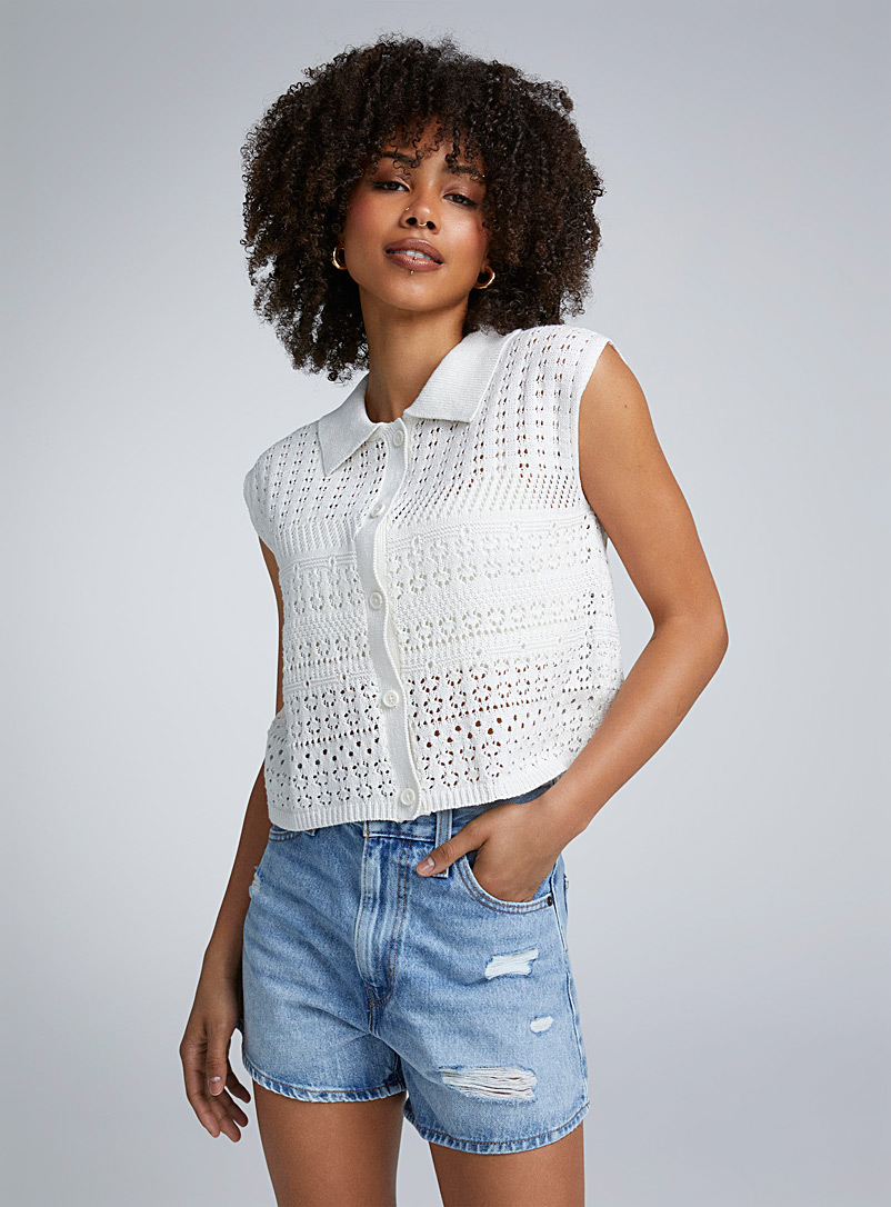 Noisy May White Buttoned openwork sweater vest for women