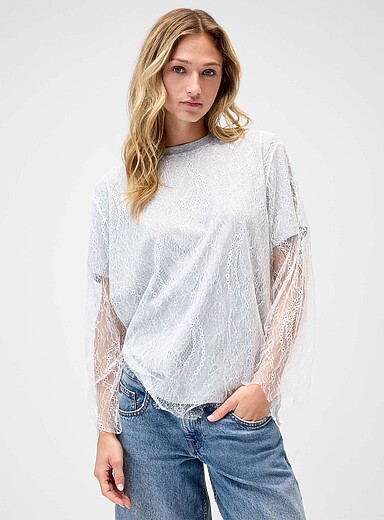 Noisy May: Le t-shirt dentelle superpos&eacute;e Gris clair pour femme