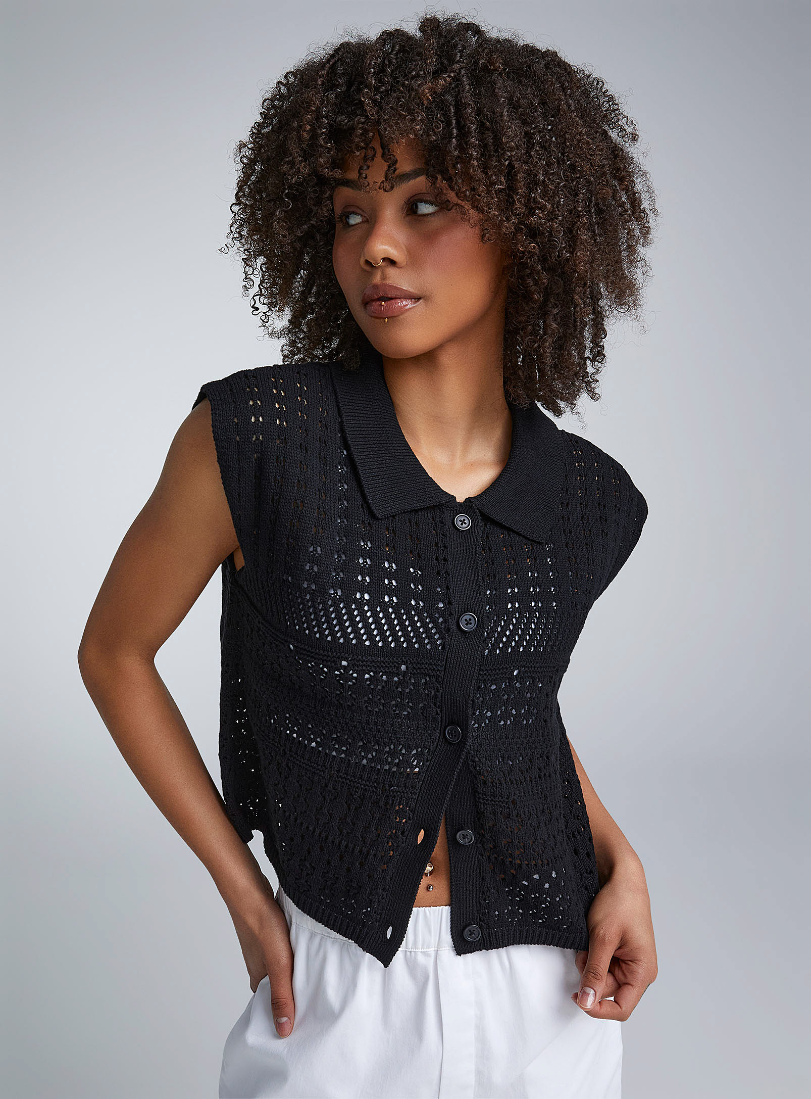 Noisy May Buttoned Openwork Sweater Vest In Black