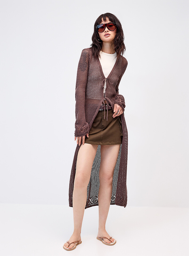 Openwork Tie-Front Long Cardigan