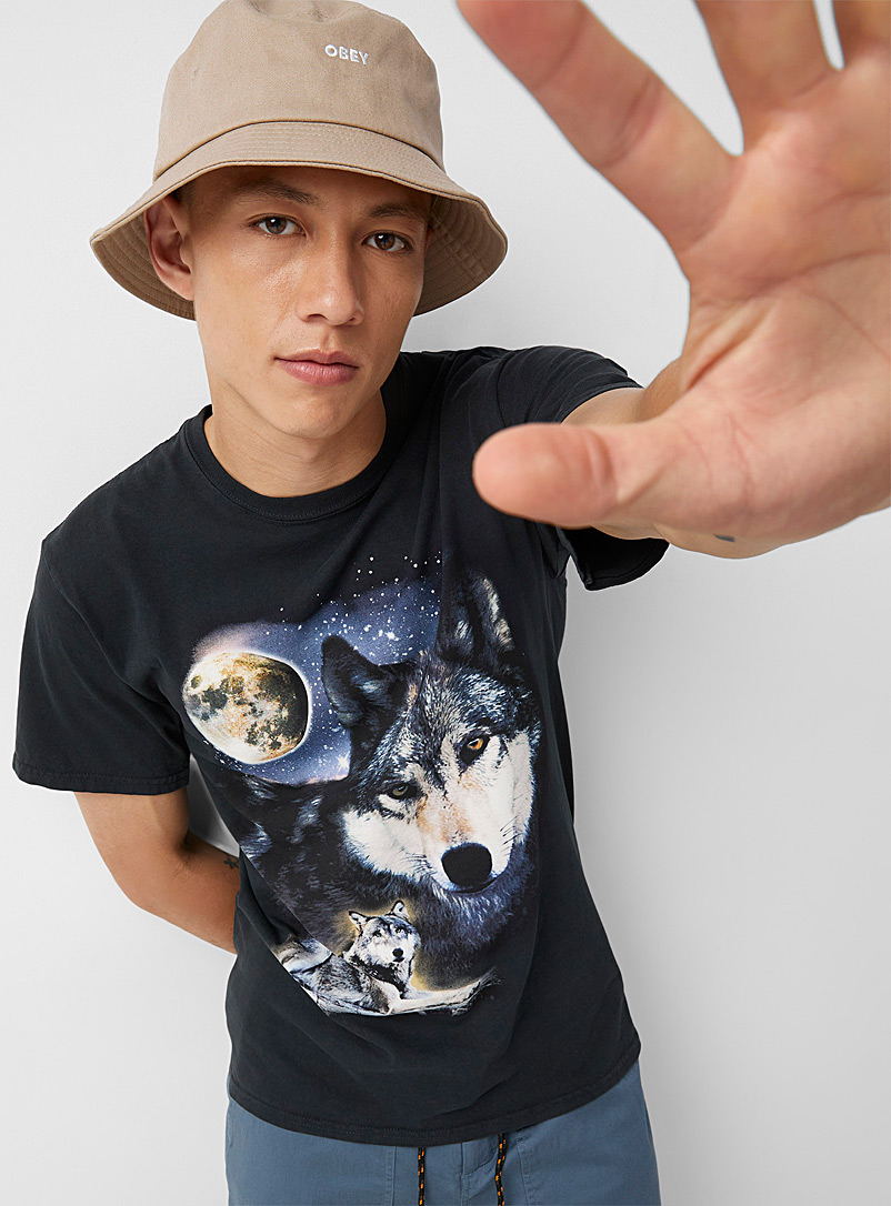 Djab: Le t-shirt délavé loup au clair de lune Noir pour homme