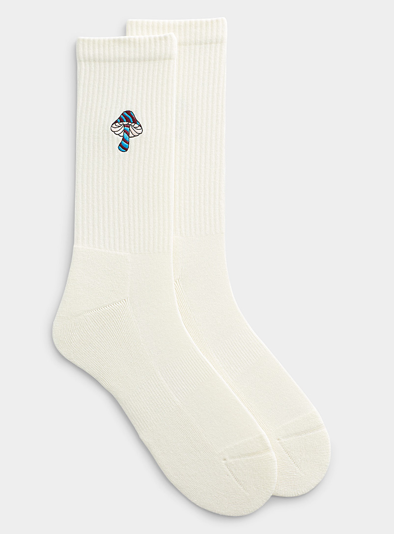 Le 31 Ivory White Mushroom embroidery socks for men