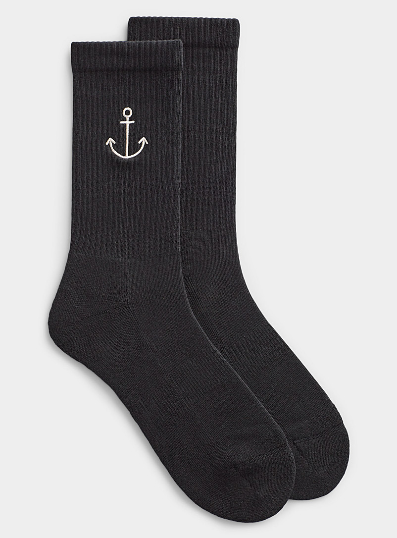 Le 31 Black Embroidered boat anchor socks for men