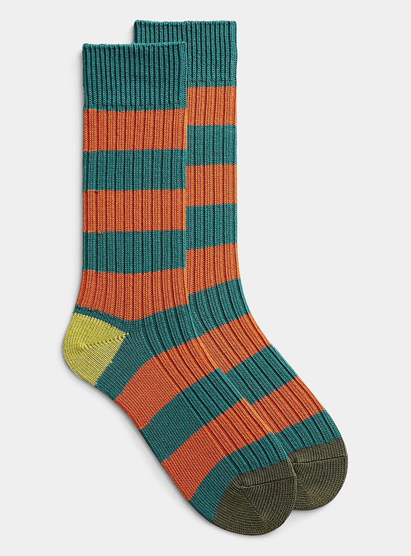 Le 31 Patterned Orange Twin-stripe ribbed sock for men