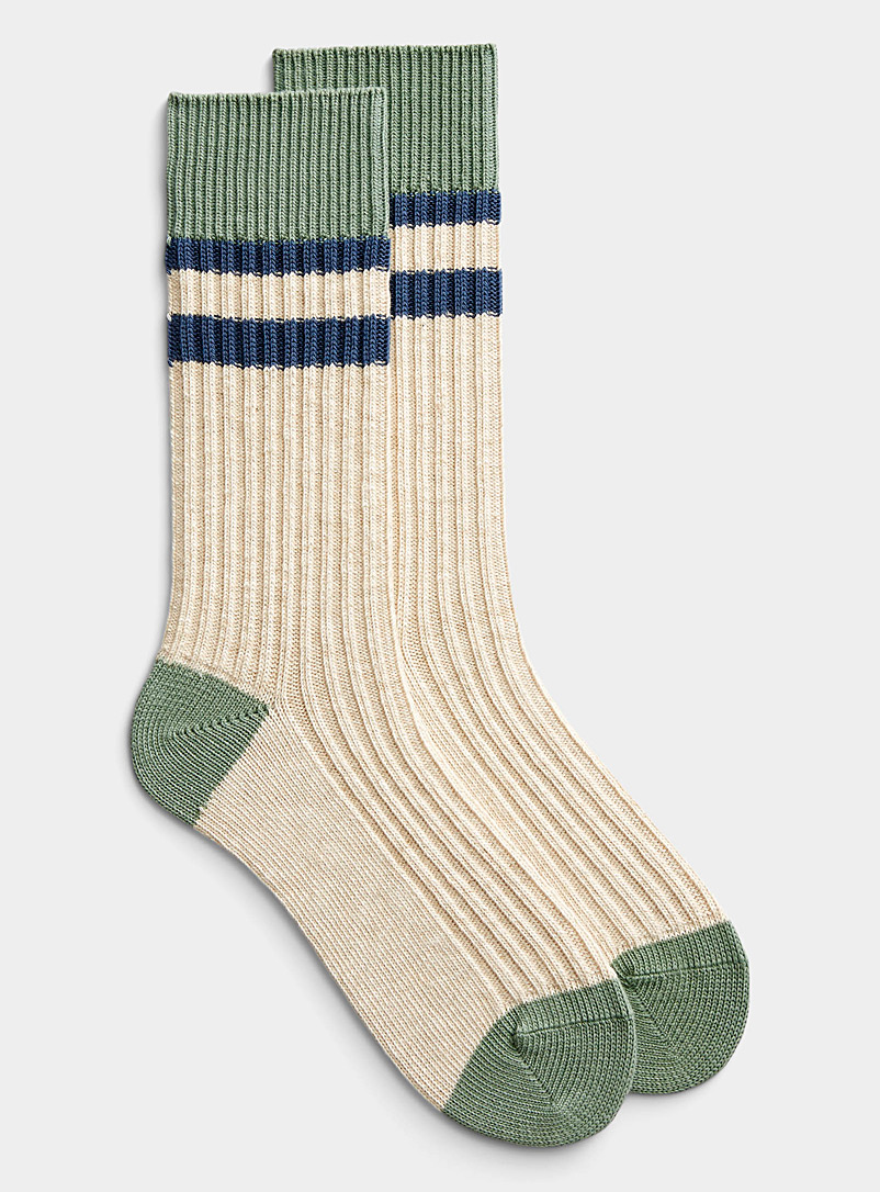 Le 31 Patterned Green Striped-trim ribbed socks for men