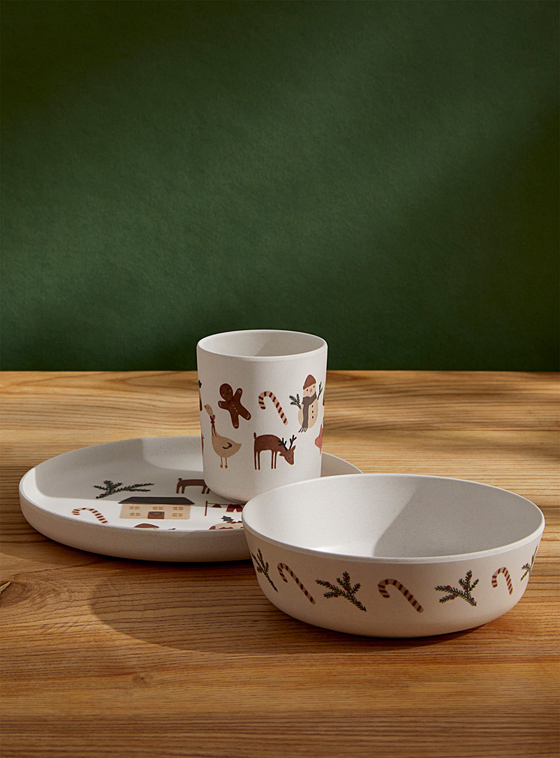 Simons Maison: La vaisselle bambou motifs hivernaux Ensemble 3 pièces Écru à motifs