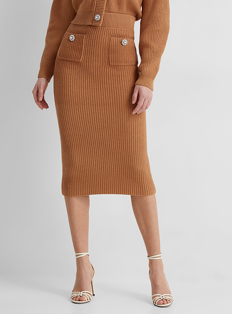 Self-Portrait Brown Ribbed-knit midi skirt for women