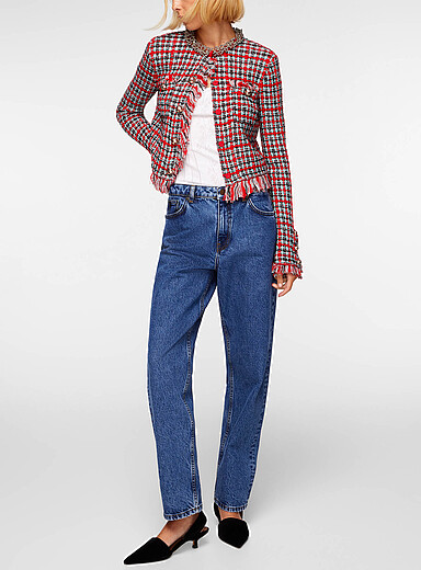 Checkered frayed faux-tweed jacket