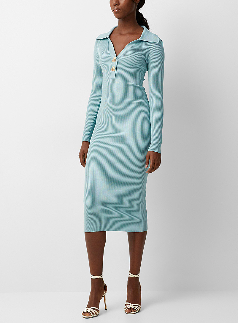 Self-Portrait Baby Blue Golden buttons ribbed dress for women