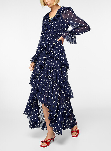 Self-Portrait: La robe maxi &eacute;tag&eacute;e &agrave; volants <i>polka dots</i> Bleu marine - Bleu nuit pour femme