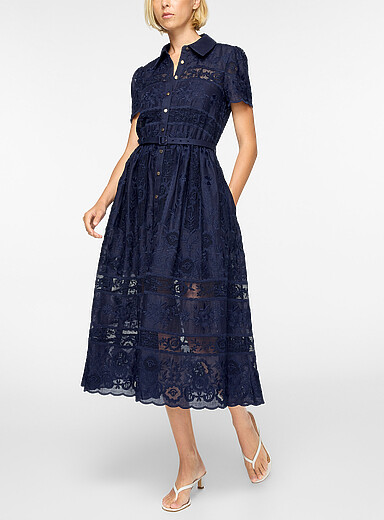 Self-Portrait Navy/Midnight Blue Guipure embroidery buttoned midi dress for women
