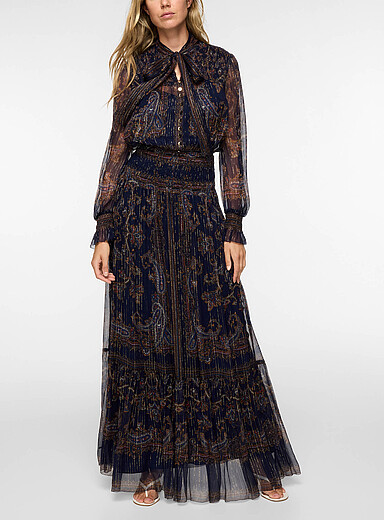 Self-Portrait Navy/Midnight Blue Scarf-neck paisley chiffon dress for women