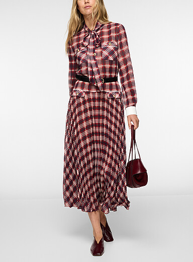 Self-Portrait: La robe chiffon &agrave; carreaux col foulard Rouge &agrave; motifs pour femme