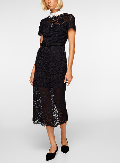 Self-Portrait: La robe midi dentelle florale col contraste Noir pour femme