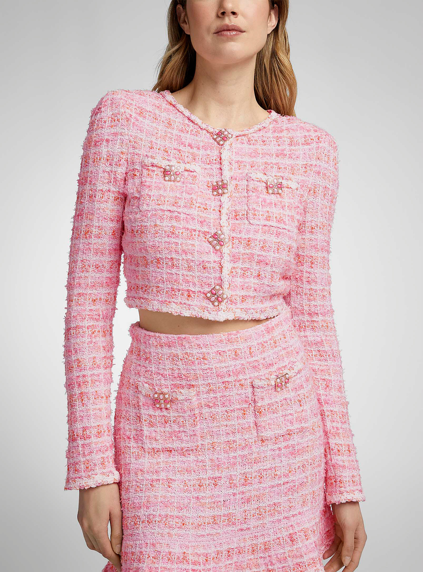 Self-portrait Shimmering Knit Cropped Cardigan In Pink
