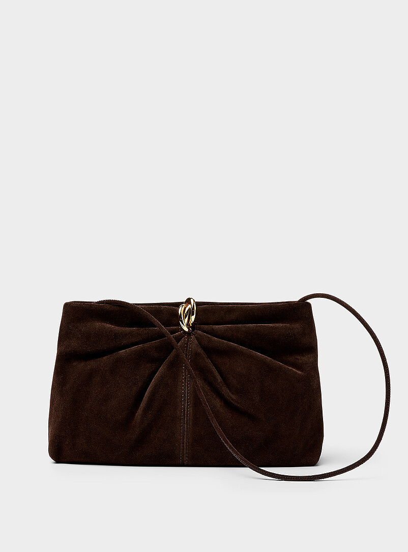 Corrine Triple-Ring Pleated Suede Clutch