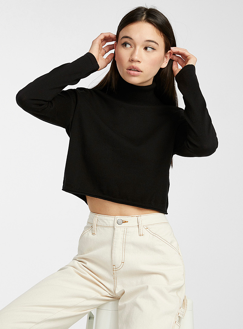 Twik Patterned Black Cropped recycled-cotton turtleneck sweater for women