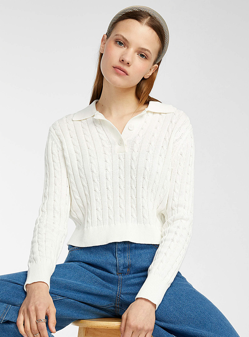 Twik Ivory White Cable and rib cropped polo sweater for women