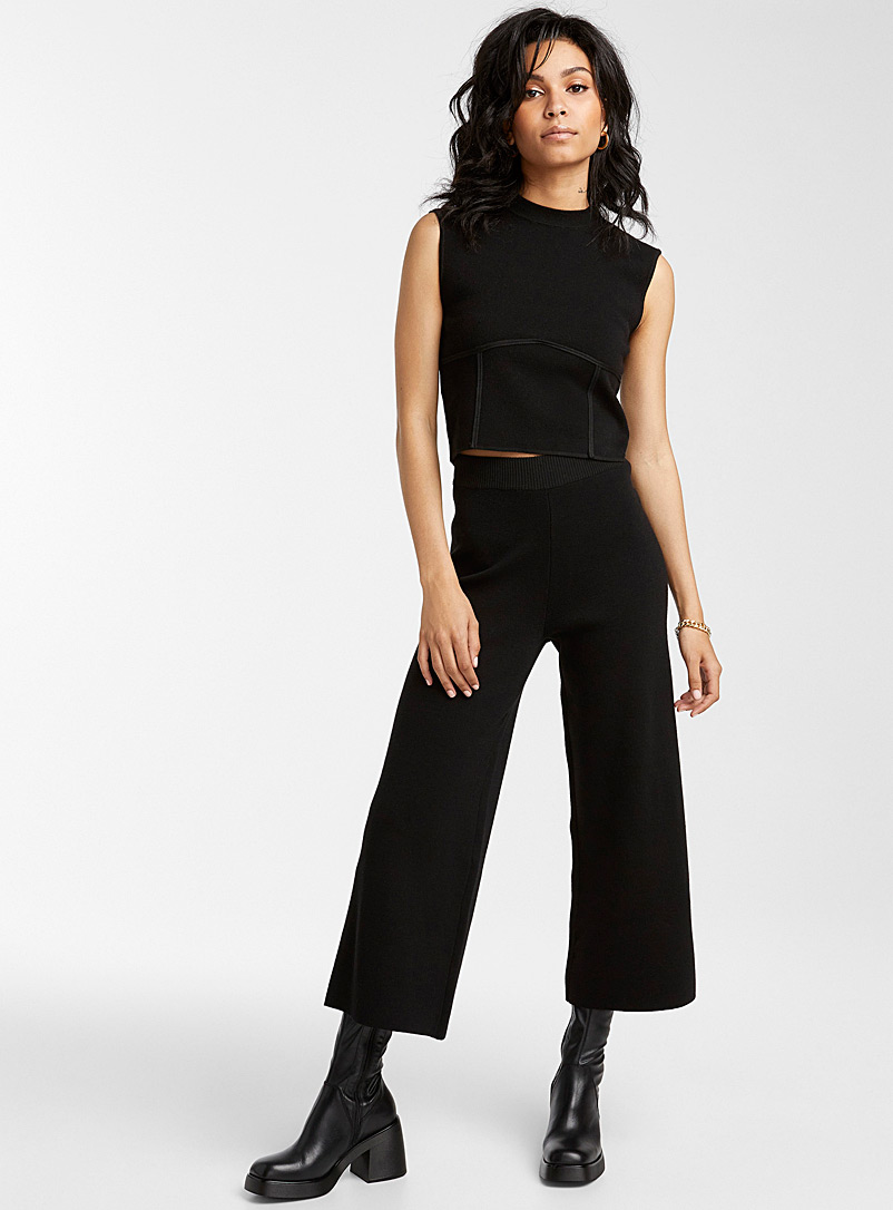Icône Black Structured knit wide-leg crop pant for women