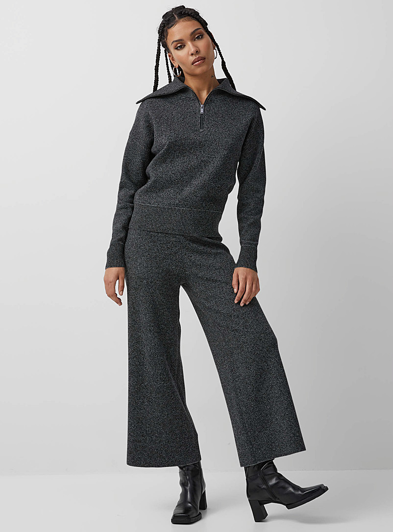 Icône Patterned Black Structured knit wide-leg crop pant for women