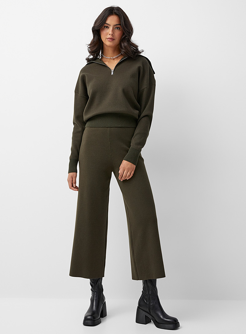 Icône Green Structured knit wide-leg crop pant for women