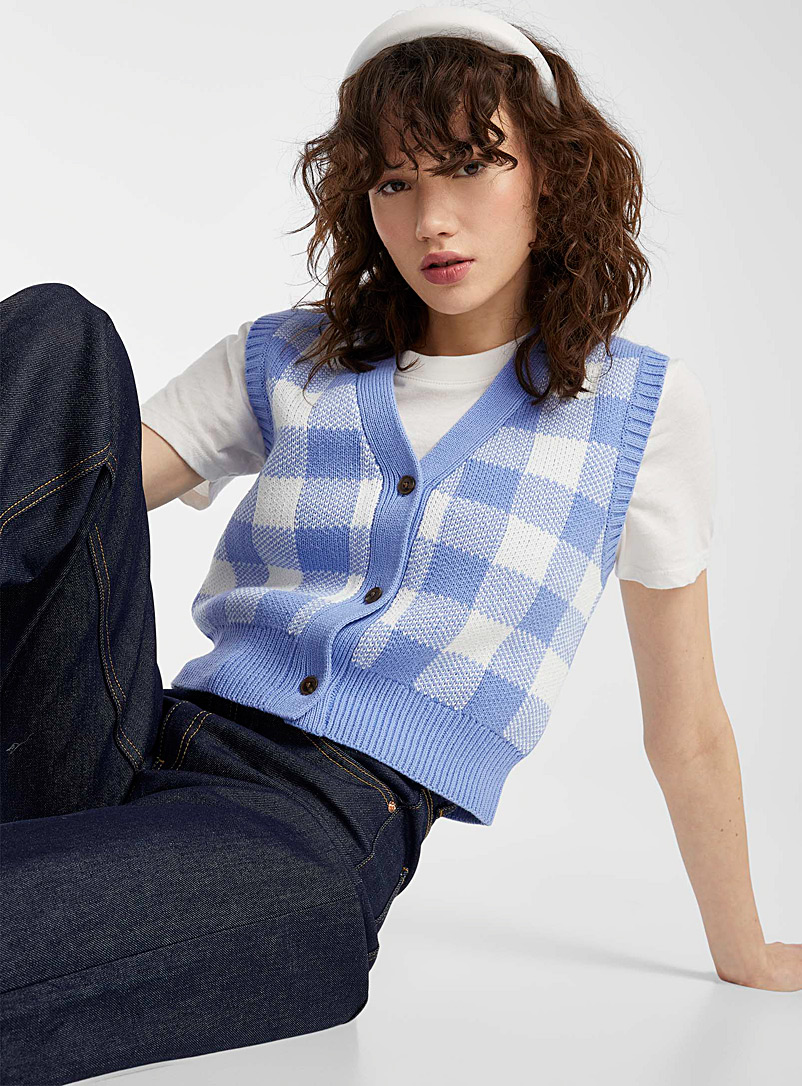 Twik Patterned Blue Check buttoned sweater vest for women