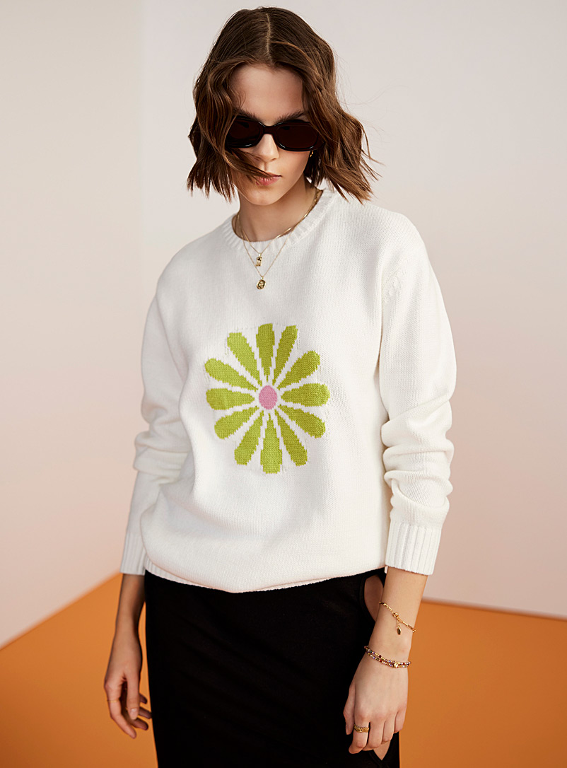 Twik Patterned White Long colourful flower sweater for women